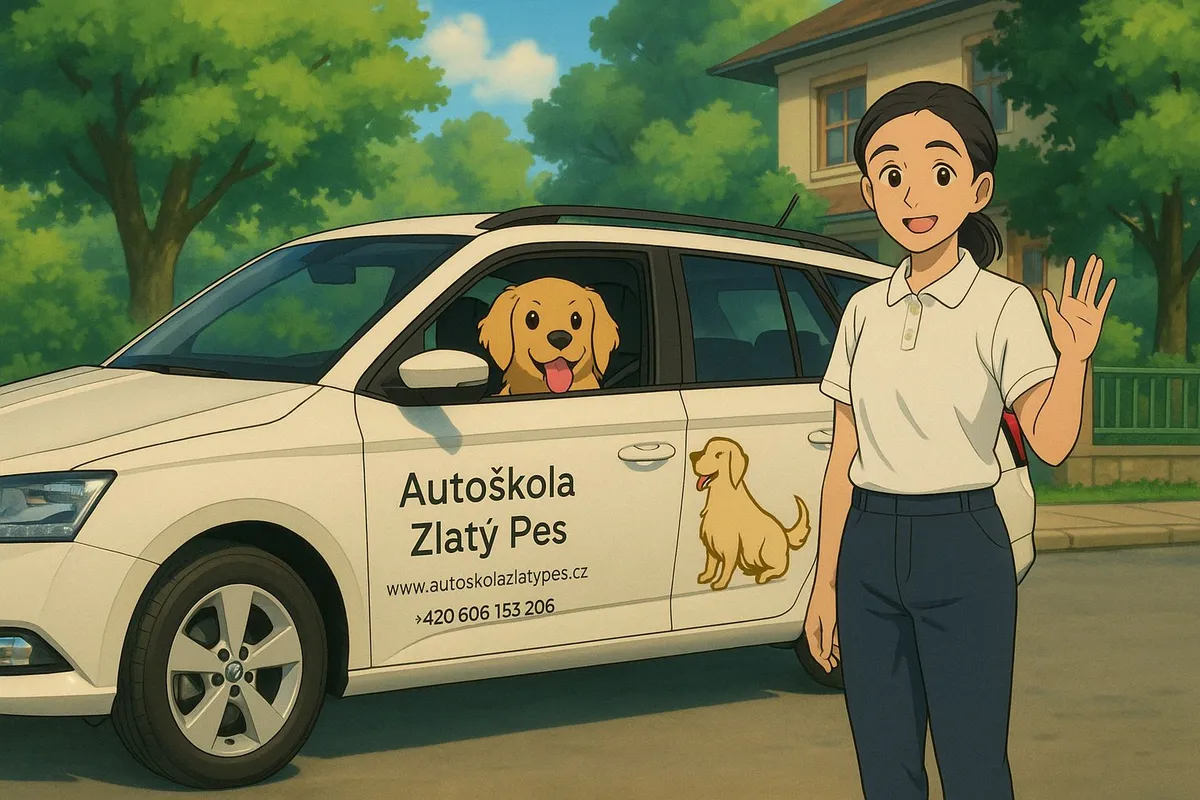 Instruktorka autoškoly u výcvikového auta